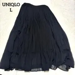 ユニクロ　ロングスカート　プリーツ　シフォン　ウエストゴム　上品　美品　黒　L