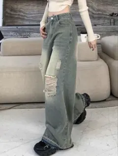 ライトグリーン ワイドレッグ デニムパンツ