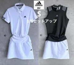 新品⛳️S アディダスゴルフ 激カワ♪ポロ＆フレアスカート セットアップ 白×黒 新品⛳️S アディダスゴルフ 激カワ♪ポロ＆フレアスカート
