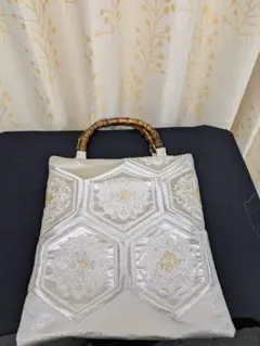 西陣織　和装用　バッグ 六角形刺繍 竹ハンドル　鞄　トートバッグ　日本製