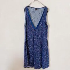 ノーブランド ワンピース Vネック ノースリーブ 花柄 M 青 デイリー