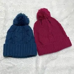 ニット帽セット 青とピンク ポンポン付き