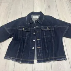 ダークブルー デニムジャケット フリンジ裾　ダメージ加工