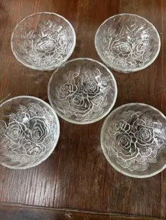 バラ彫刻　ガラス皿　デザート　椀 5個セット　皿　小鉢　レトロ