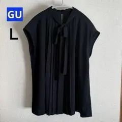 【美品】GU フロントプリーツとリボン（ボウタイ）　ブラウス ネイビー Ｌ　半袖のサムネイル