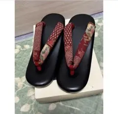 黒い草履 和風花柄鼻緒 約23.5cm