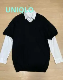ユニクロ　UNIQLO 半袖ニット　Ｖネック　黒　ブラック　ウール　匿名配送