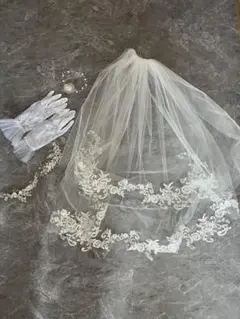 ウェディンググローブ、ショートベール、ヘアアクセ、パールネックレスセット