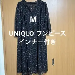 UNIQLO 七分袖花柄ワンピース ブラック M