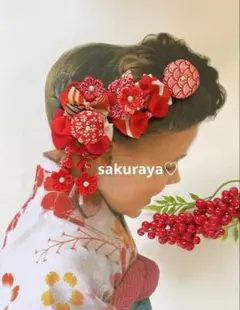 NO1401七五三つまみ細工髪飾りミニリボンブーケヘッドドレス朱色橙白金