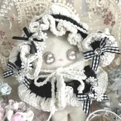 ぬい服 12cm 黒×白 ヘッドドレス ギンガムチェックリボン