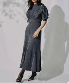 MERCURYDUO 異素材ドッキングフレアロングスリーブニットワンピース