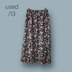 2527★【used】　花柄　スカート　ミドル丈　ネイビー　ピンク　ウエストゴム
