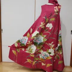 振袖　紫陽花紅葉柄　ロングドレス　ロングワンピース　背中編込み リボン紐付き