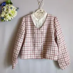ノーカラー　ツイードダブルジャケット　M　チェック柄　くすみピンク　パールボタン