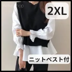 新品 ニットベスト付 ブラウス ２点セット 長袖 ホワイト ブラック 2XL w