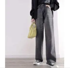 ゆったりハイウエストワイドストレート無地デニム&チノパンツ