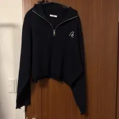 ネイビー XL 長袖ニット　切りっぱなし風