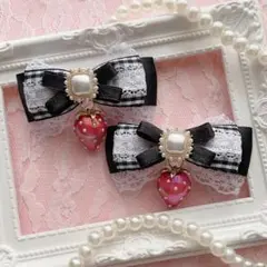 【赤いちごパール】黒ギンガムチェック苺♡ヘアクリップ リボン 量産型 地雷系