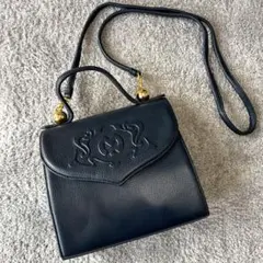 ミラショーン　フォーマルバッグ　2way シボ革　ネイビーグリーン系ゴールド金具