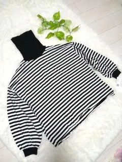 オーバーサイズ❤️ボーダー タートルネック カットソー モノトーン ボリューム袖