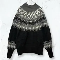 k0023 インディヴィ ノルディック柄ニット 黒グレー 38 厚手 秋冬