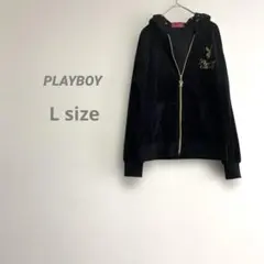 プレイボーイ レディース ベロアフードジップアップパーカー ブラック✖️ゴールド