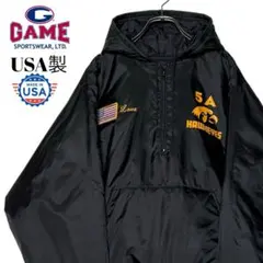 90s USA製アノラックパーカー 黒×黄色 L カレッジナイロンスタジャン