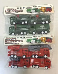 はたらくくるまのミニカーで、ミリタリー車両と消防車両のセットまとめ売り
