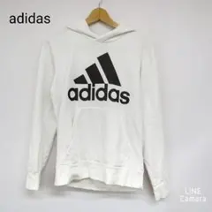 アディダス　パーカー　ホワイト　S　ロゴプリント　ポケット付き　綿混　カジュアル