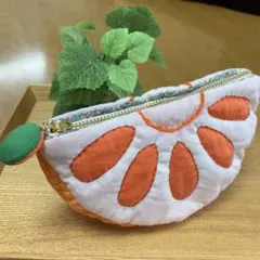 【オレンジ】パッチワークポーチ・ハンドメイド