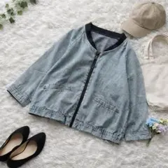 ナイスクラップ ꕤ デニムブルゾン フルジップ 七分袖 褐色 ブルー 羽織り 綿