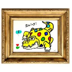 原画 「春だね」 絵画 イラスト 動物画 インテリア ワニ オイルパステル