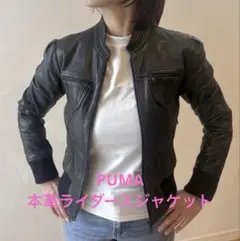★本革★ PUMA ライダースジャケット リブニット ダメージ加工 シングル 黒 ☆本革☆ PUMA ライダースジャケット リブニット ダメージ加工