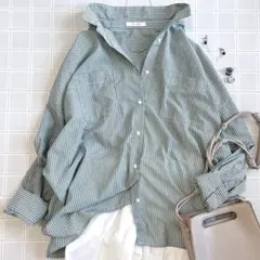 オーバーシャツ リネン混 ゆったり 前開き ストライプ 長袖 グリーンのサムネイル