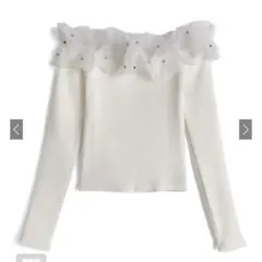 GRL ビジューオーガンジーフリルオフショルダーニットトップス［ks169］