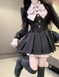 【実物写真あり】miu系 韓国 制服風 リボン ワンピース 黒 ピンク Mサイズ