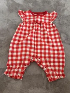 ギンガムチェック肩フリル前開きカエルロンパース　ベビー服