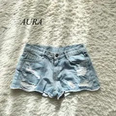 N7【AURA】デニムショートパンツ　ライトブルー　ダメージ加工　28(M)