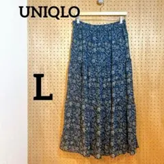 【ユニクロ 】ロングフレアスカート ネイビー L 花柄 ウエストゴム