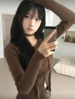 ブラウン リブ編み 長袖カーディガン　チョーカー付き　韓国