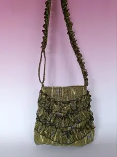 着物リメイクフリフリ小型お出かけショルダーバッグ大島紬オリーブグリーン絣[新品]