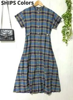 SHIPS Colors 半袖シャツワンピース 青系チェック