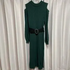 ダークグリーン ニットロングワンピース ベルト付き