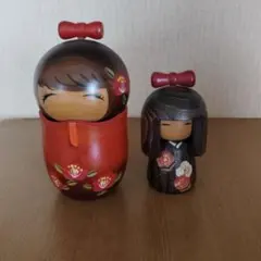 木製こけしセット 花柄 リボン付き