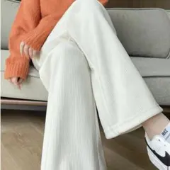 ラスト1点　白　裏起毛　ワイドパンツ　レディース　L あったかい　おしゃれ