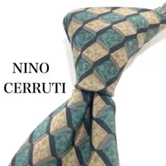 【美品】NINO CERRUTI 幾何学柄 グリーン ネクタイ お洒落のサムネイル