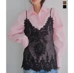 レースキャミビスチェ レイヤード シアー 透け 刺繍 キャミソール[C7768]