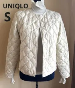 ユニクロ キルティングジャケット S アイボリー 軽量 中綿 ノーカラー