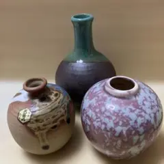弘山窯、藤色マーブル模様、グリーン色の一輪挿し花器 花瓶3個セット